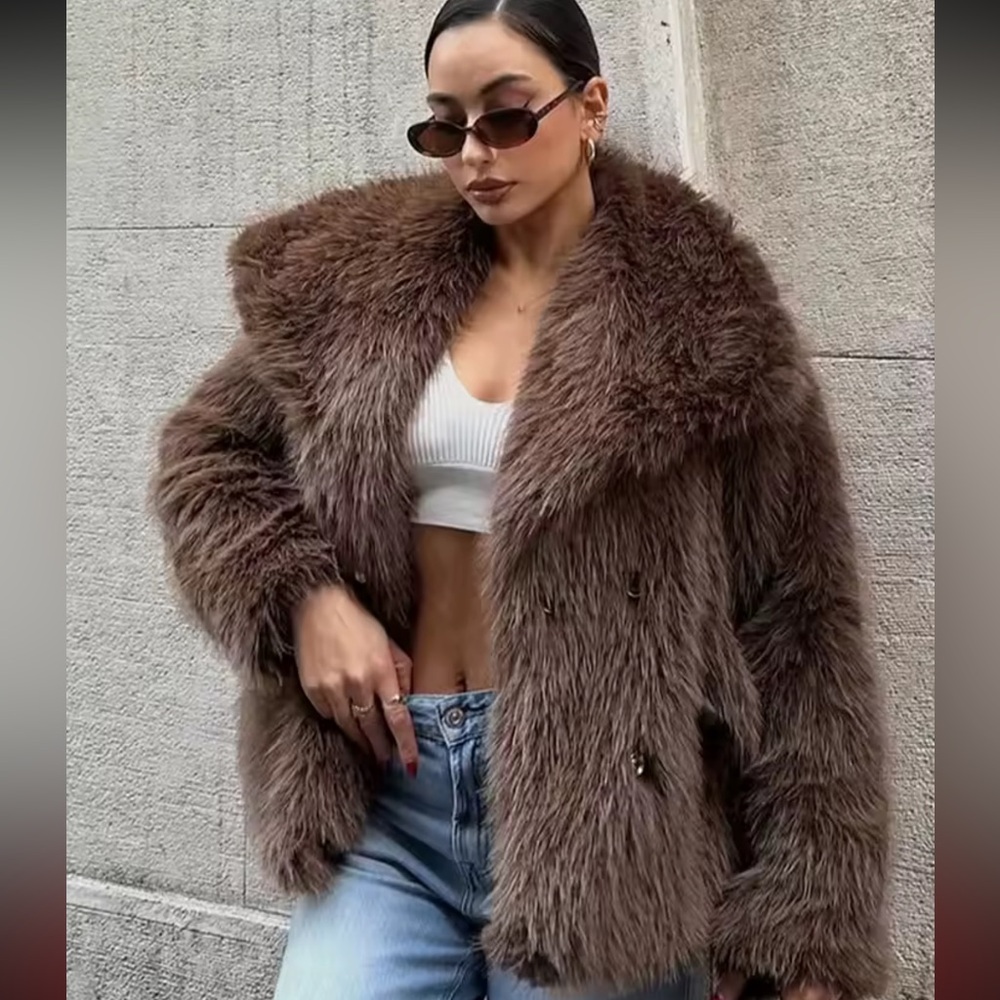 LAST 4❤️ Glam faux fur coat vintage style jacket cropped oversized black - Picture 7 of 13